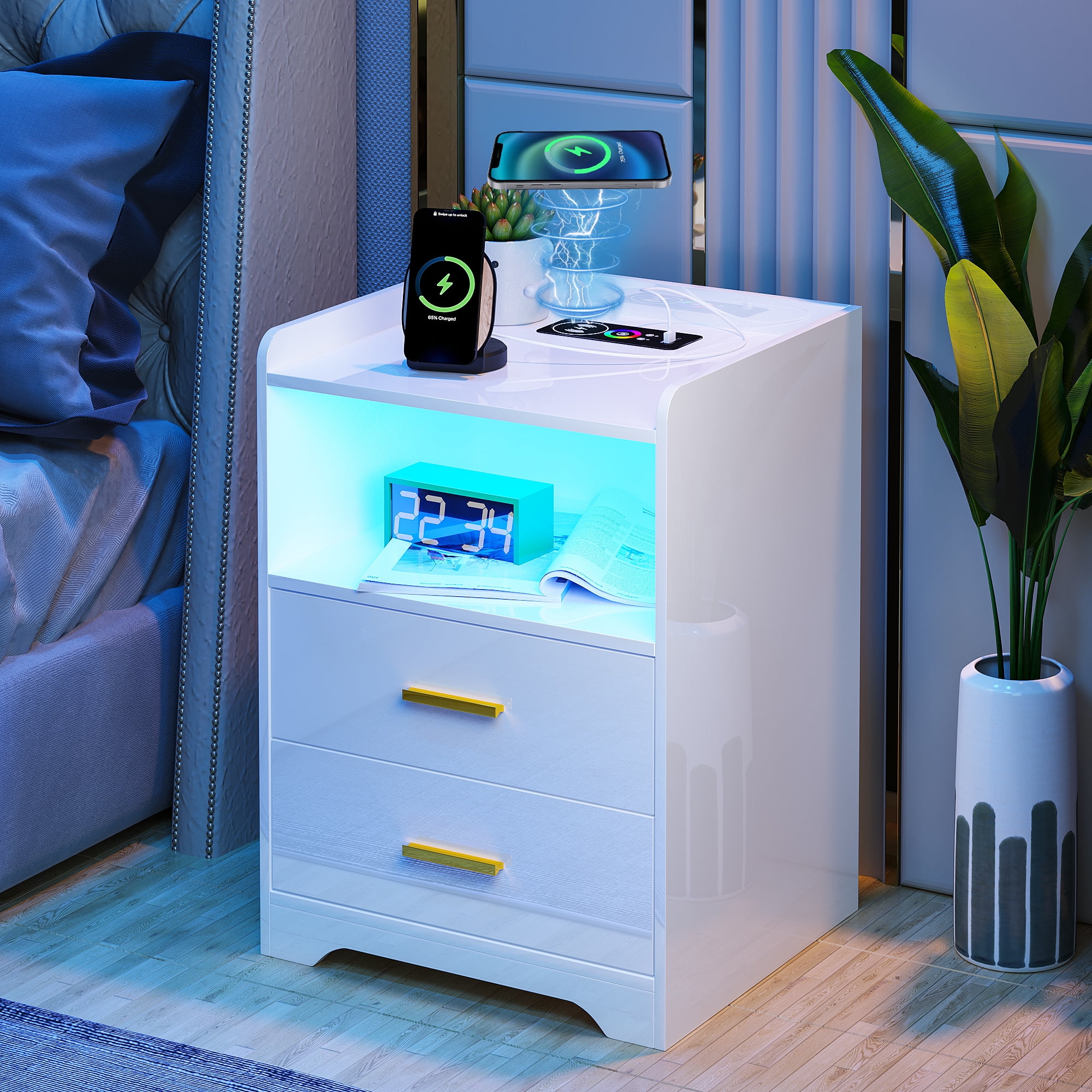 HNEBC White Nightstand with USB&TypeC&Wireless Charging Station, LED Nightstand with RGB Light