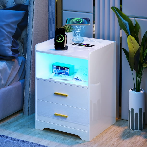HNEBC White Nightstand with USB&TypeC&Wireless Charging Station, LED