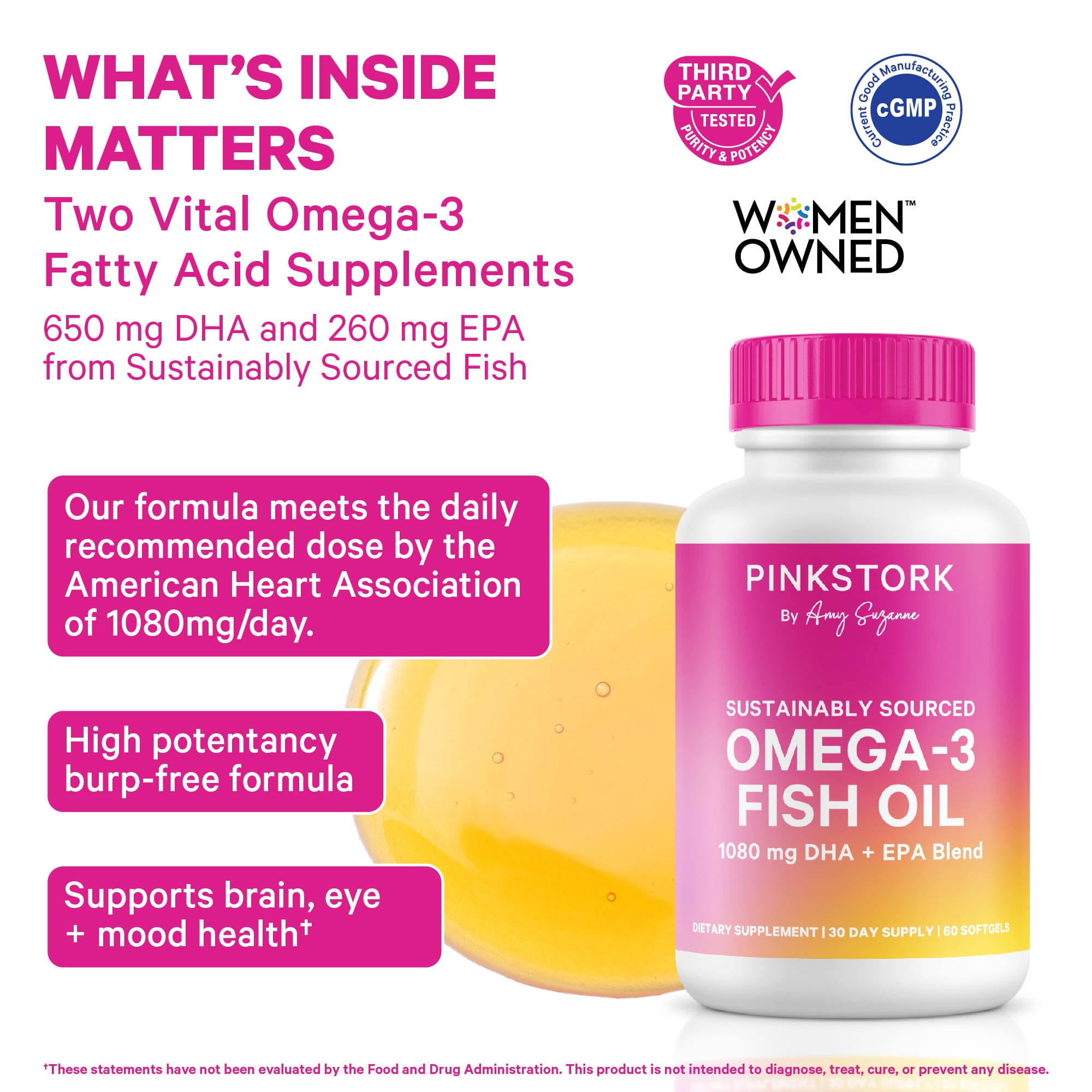 Pink Stork Omega 3 Fish Oil Supplements DHA and EPA for Cognitive Health- 60 Softgels