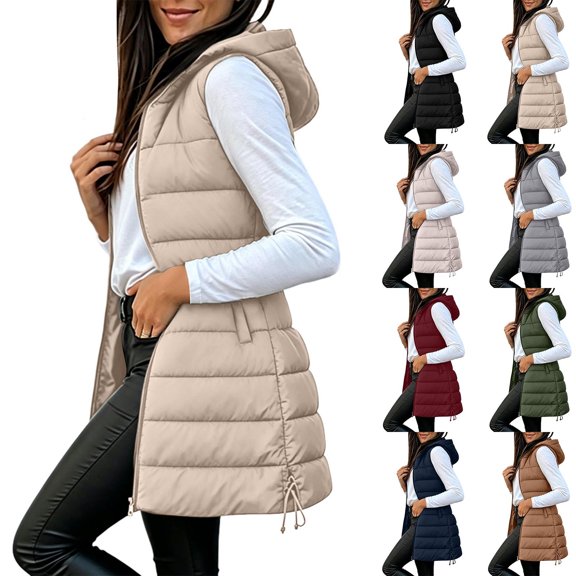 Long Puffer Vest Women Fall Winter Zip Up Hooded Sleeveless Quilted Jacket Coat Hooded Longline Quilted Vest Zip Up Padded Gilet with Pockets for Fall Winter Outdoor Casual Daily Wear