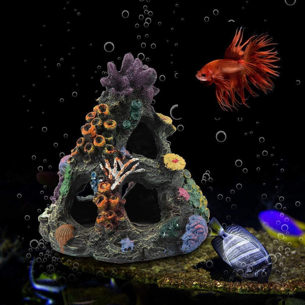 Resin Aquarium Log Mountain Rock Fish Tank Cave Ornaments Betta Fish House for Hide Play Breed Linifar Coral Aquarium Decoration