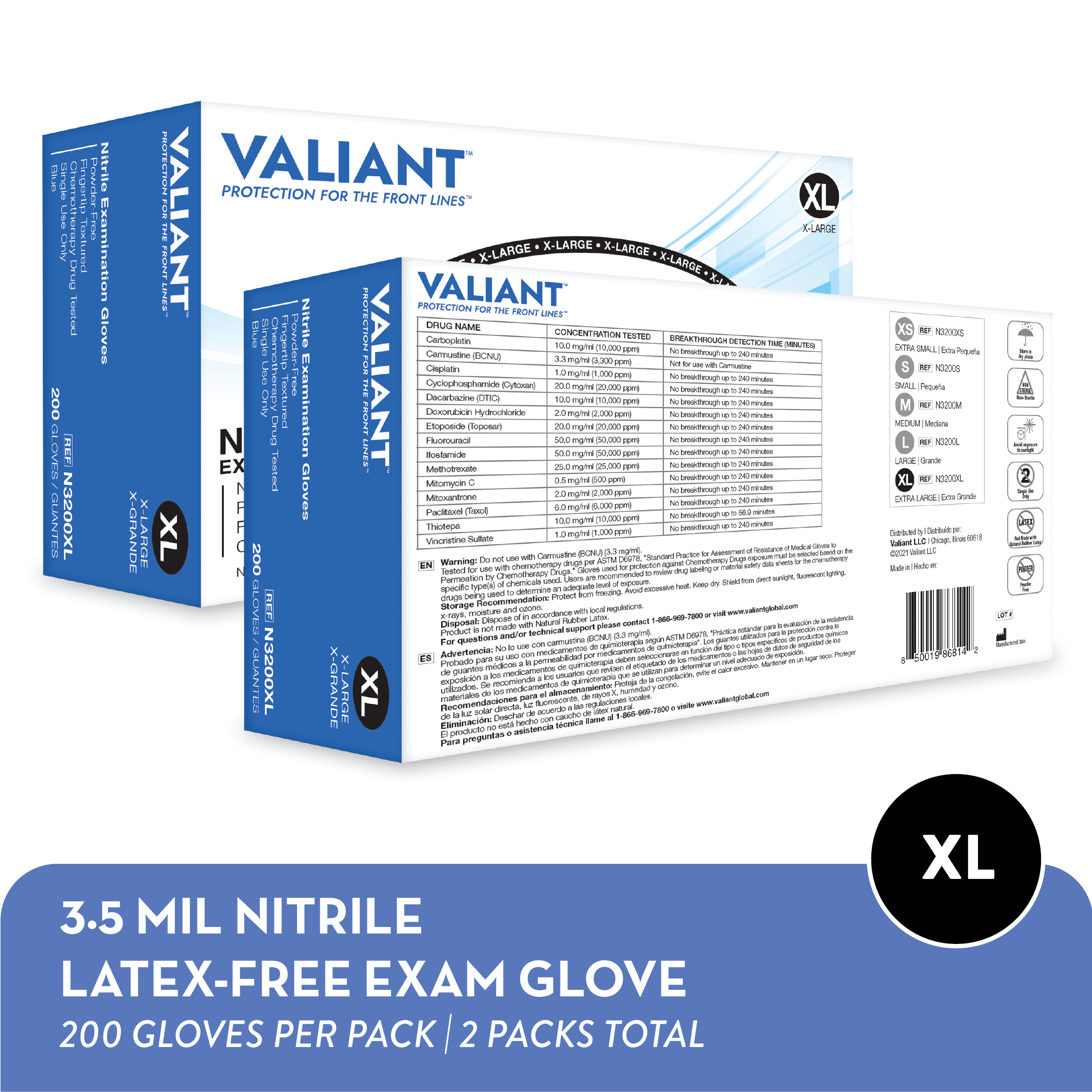 Valiant N3200 Nitrile Exam Gloves, Single Use Only, Fingertip Textured, Cornflower Blue, Extra Large, 200 Per Box, 2 Boxes