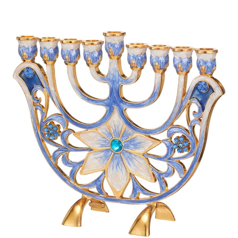 Hand-Painted Blue Ivory Menorah with Gold Accents photo 3