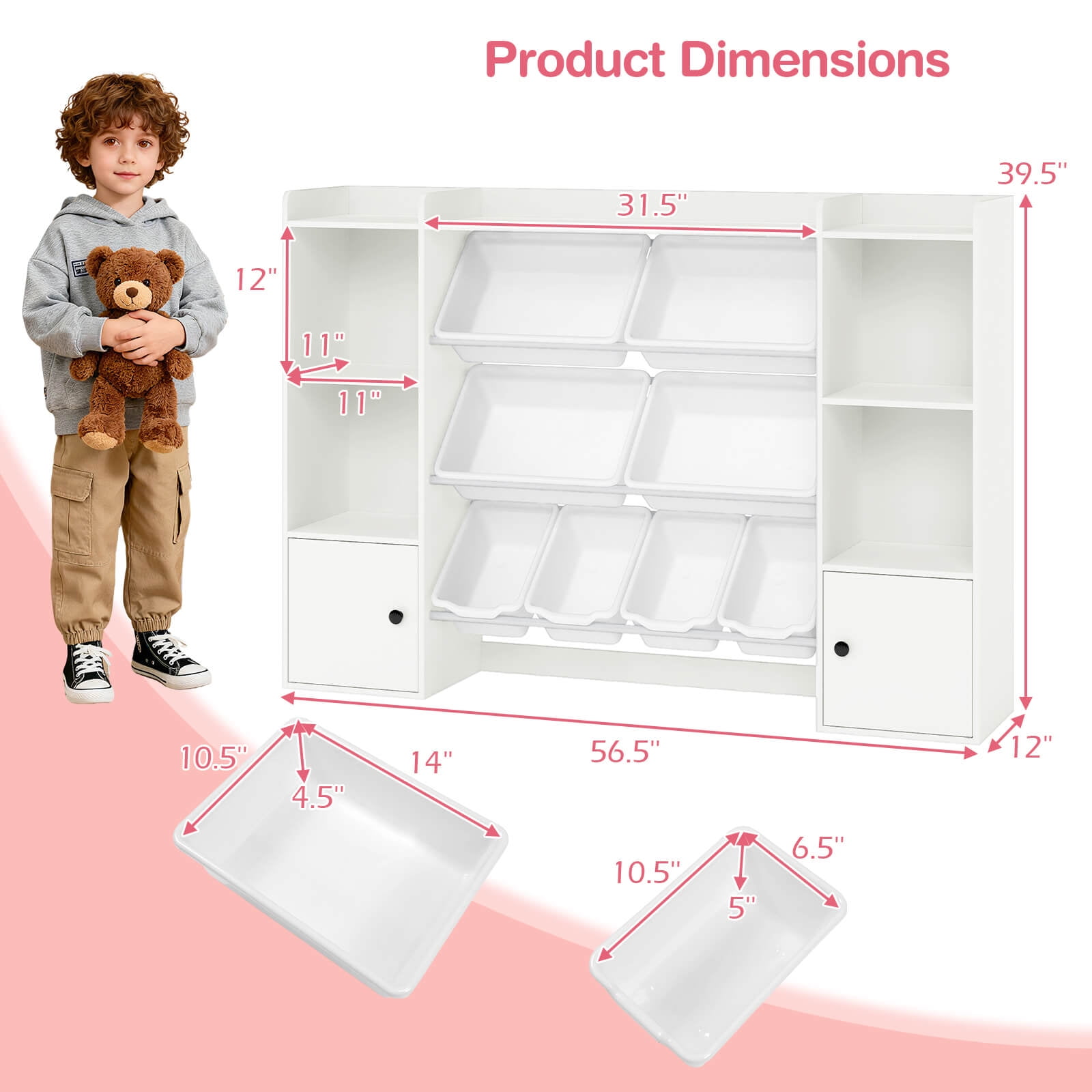 Costway Kids Toy Storage and Bookshelf with 8 Boxes Open Shelves & 2 Single-door Cabinets White