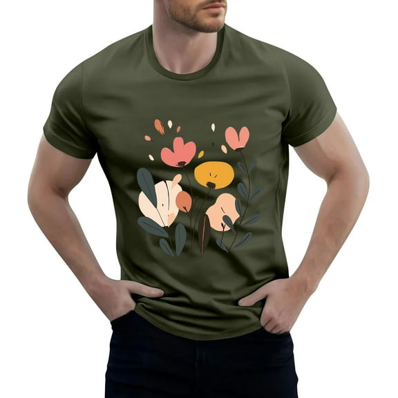 NAMTYQX Tshirts Shirts for Men Plus Size Baggy Patterned Casual Stretchy Hawaiian Stretch Crew Neck Light Short Sleeve Summer Tops Army Green Size L
