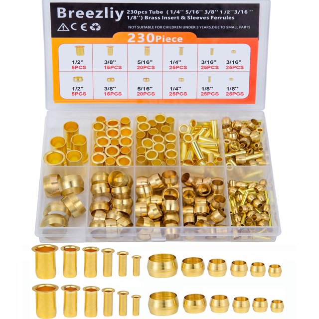 Breezliy Kit surtido de accesorios de compresión, 6 tamaños (1/8""3/16"" 1/4"" 5/16"" 3/8"" 1/2"") Manguitos de compresión de latón Casquillos e inserto utilizados para conectar líneas de aire, agua,