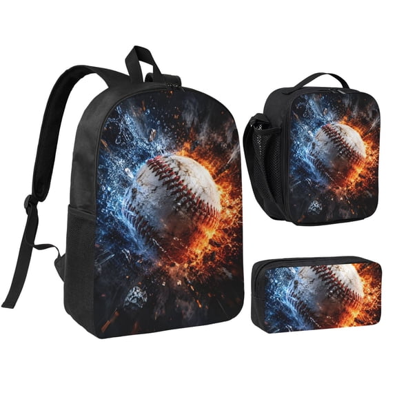 Fire Ice Baseball Backpack Set 3pc Including Backpack, Lunch Bag and Pen Bag Combination