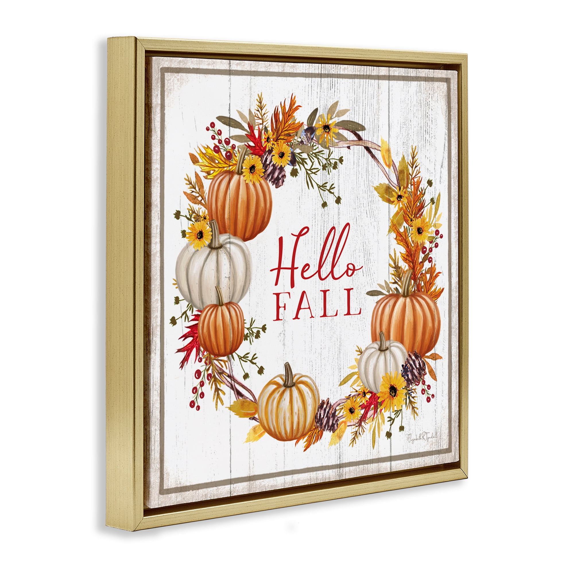 Stupell Industries Rustic Hello Fall Holiday Painting Gold Floater Framed Canvas Art Prints Wall Art, 18 x 18