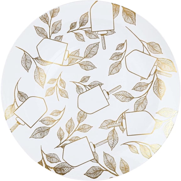 EcoQuality 10" inch Round Plastic Plates White Hanukkah Dinner Plates with Gold Chanukah Dreidel Design Hanukkah Party Disposable Dessert China Like Heavy Duty Charger Plate Kosher (10)