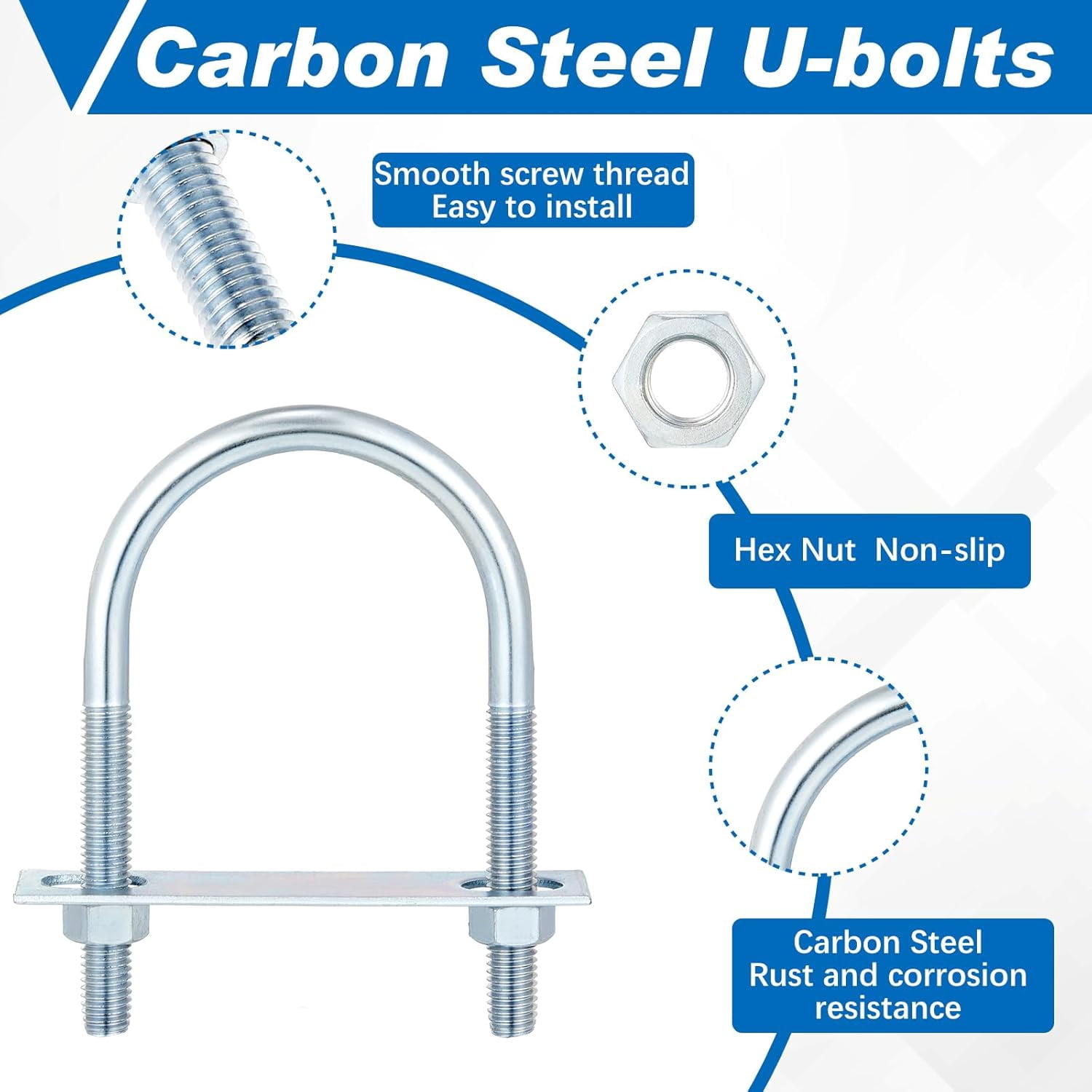 U Bolts Zinc Plated Carbon Steel with U Bolt Plates and Nuts for Fastening Products (4 Sets,1/2 x 3-1/2 x 6 Inch)