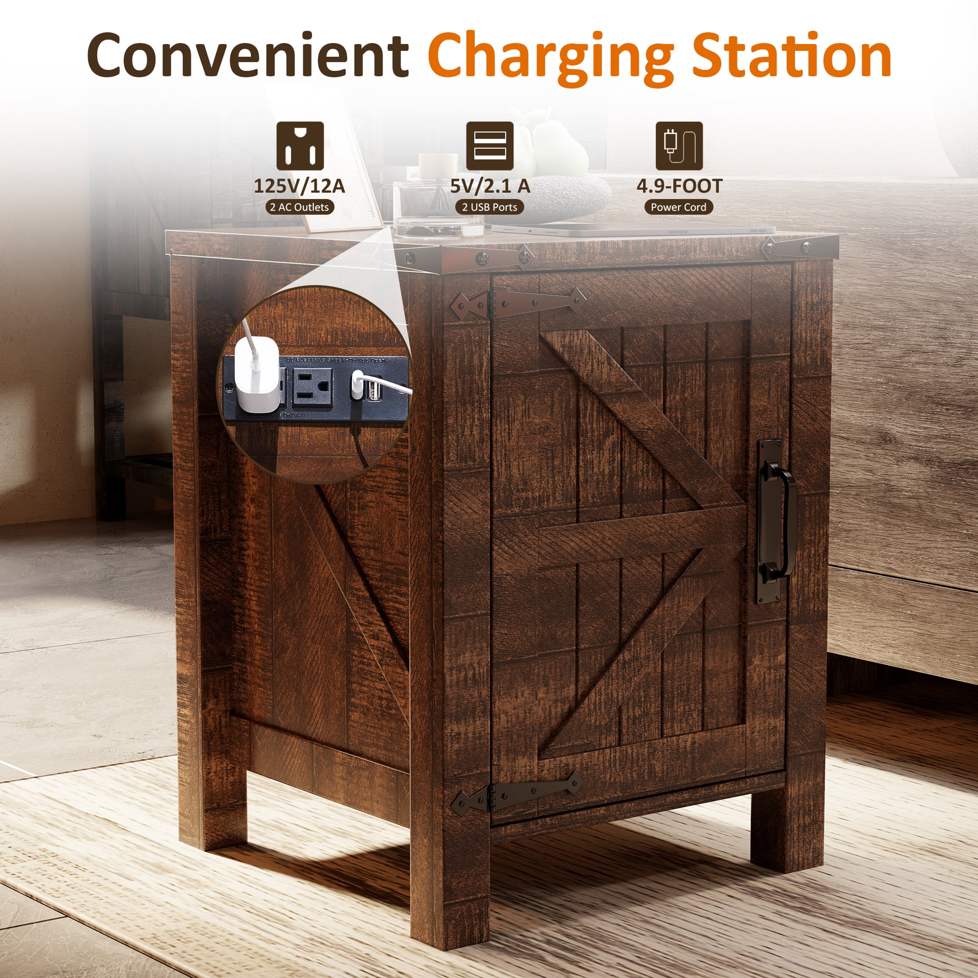 OKD Nightstand Set of 2 with Charging Station, Farmhouse Rustic Wood Side Table for Living Room, End Table for Bedroom, Reclaimed Barnwood