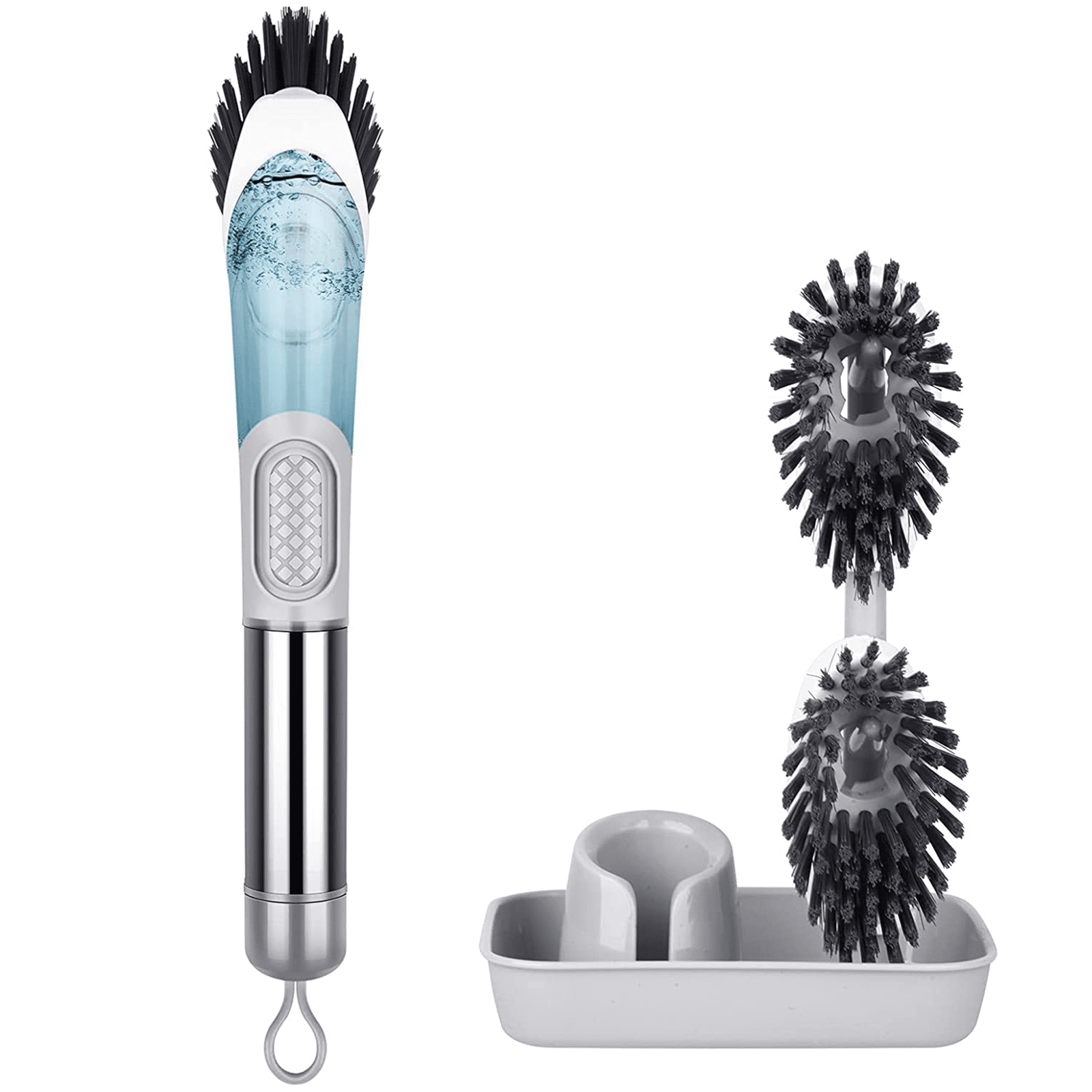 SUGARDAY Soap Dispensing Dish Brush Set - Kitchen Brush Dish Scrub Brush with Stand 3 Brush Replacement Heads Stainless Steel Handle for Pot Pan Sink Cleaning