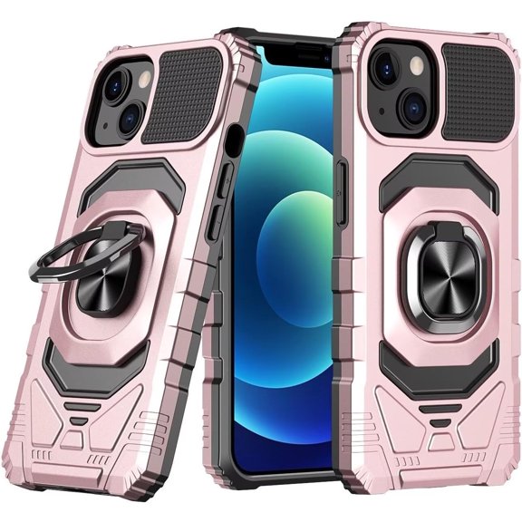 Case for iPhone 12,Military-Grade Metal Ring Car Holder [Built-in Kickstand] Heavy Duty Shockproof Protection TPU PC Phone Case for iPhone 12,6.1 Inch 2020 (Rose Gold)