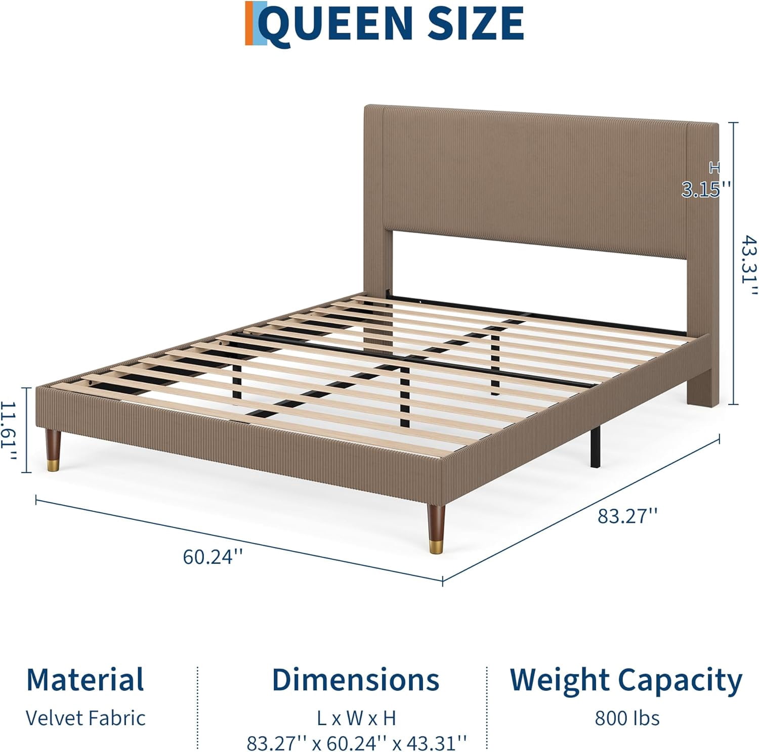 Queen Size Bed Frame with Upholstered Headboard and Strong Wooden Slats Support, Soft Corduroy Fabric Platform Bed, No Boxing Spring Needed, Easy Assembly, Brown