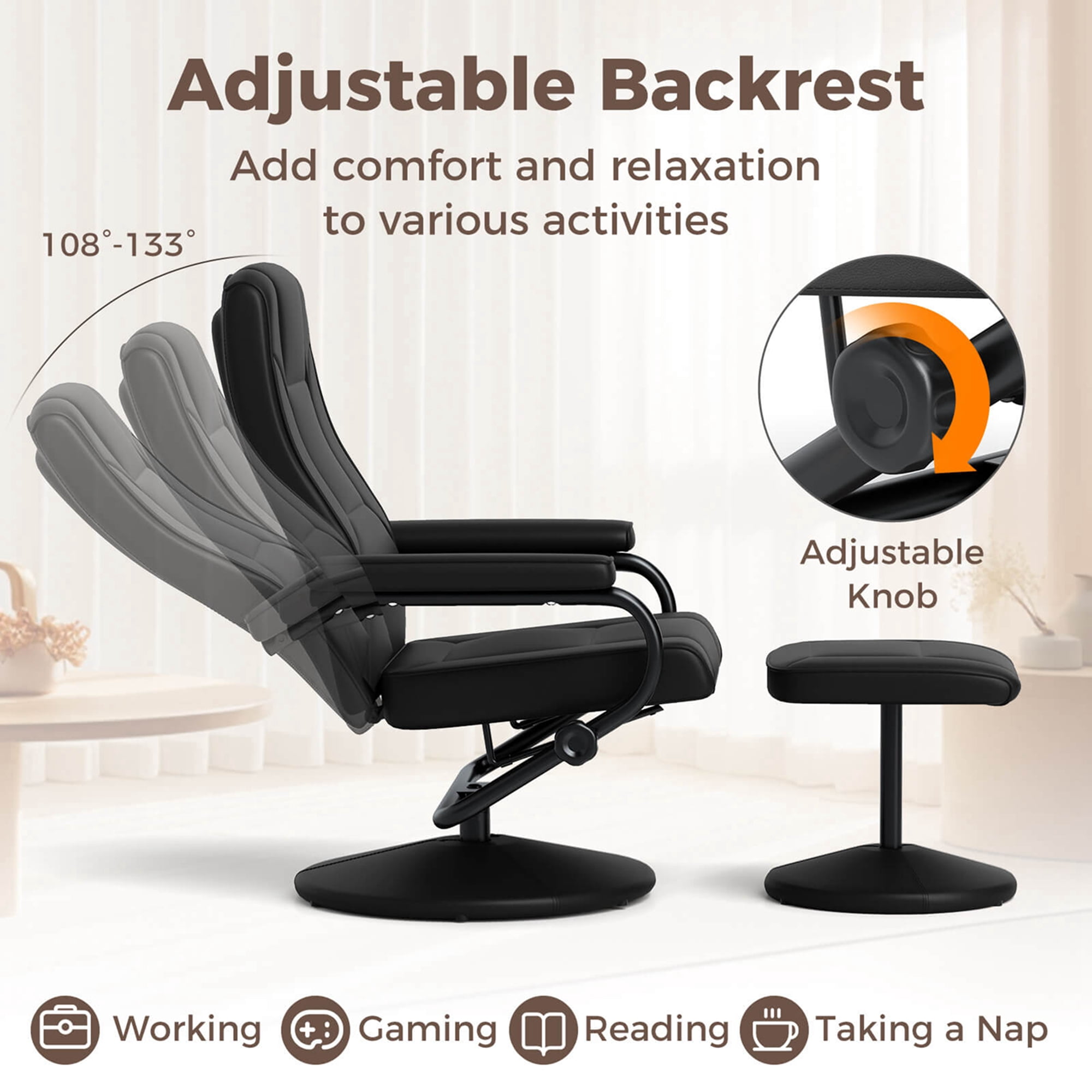 Costway Reclining Chair with Ottoman Lounge Accent Armchair Padded Seat Footrest Black