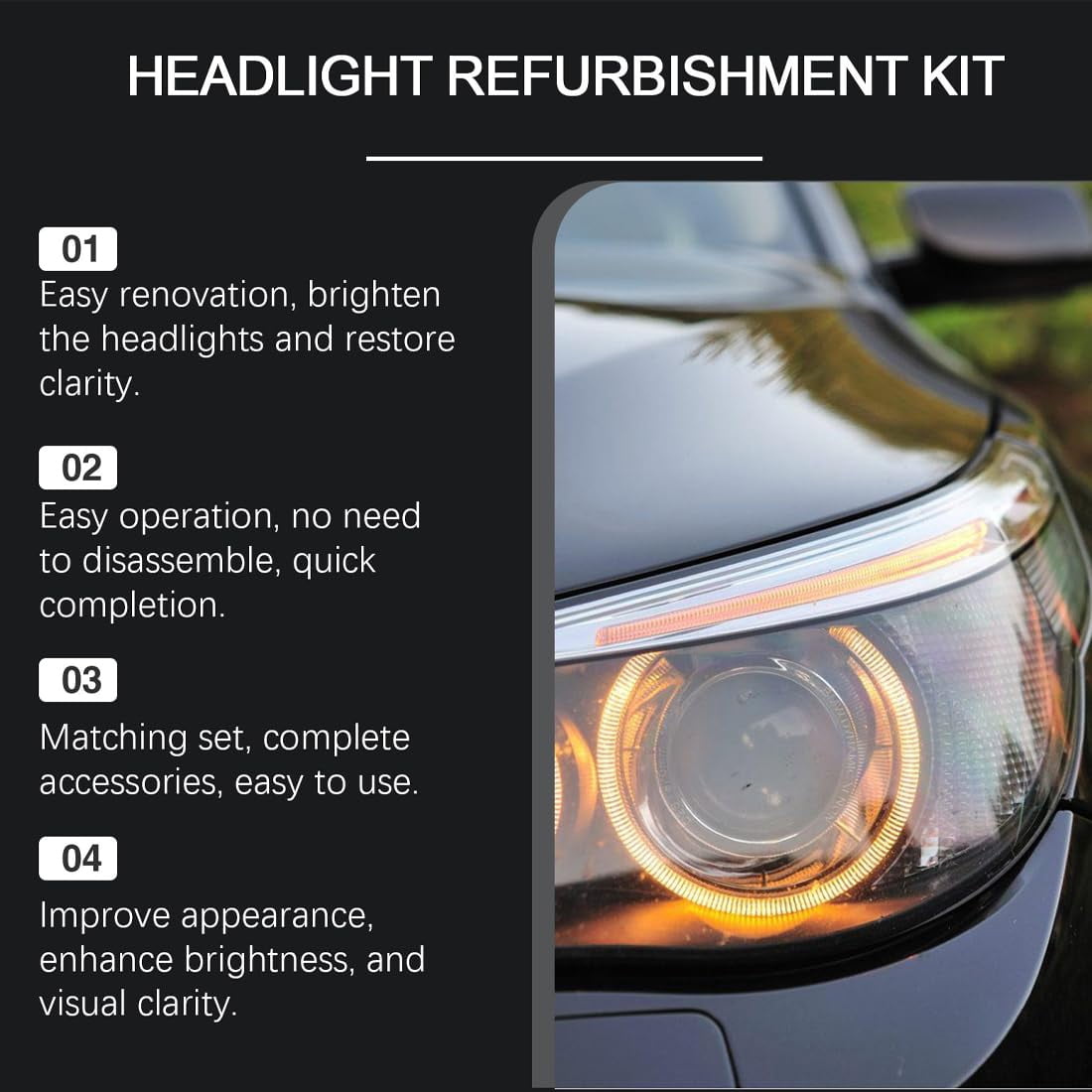 Q4 Headlight Restoration, Headlight Cleaner and Restorer Kit, Automotive Headlamp Restoration Fluid Kit, Cloudy Headlights Oxidation & Yellowing Remover Spray, All Vehicles That Restores Clarity