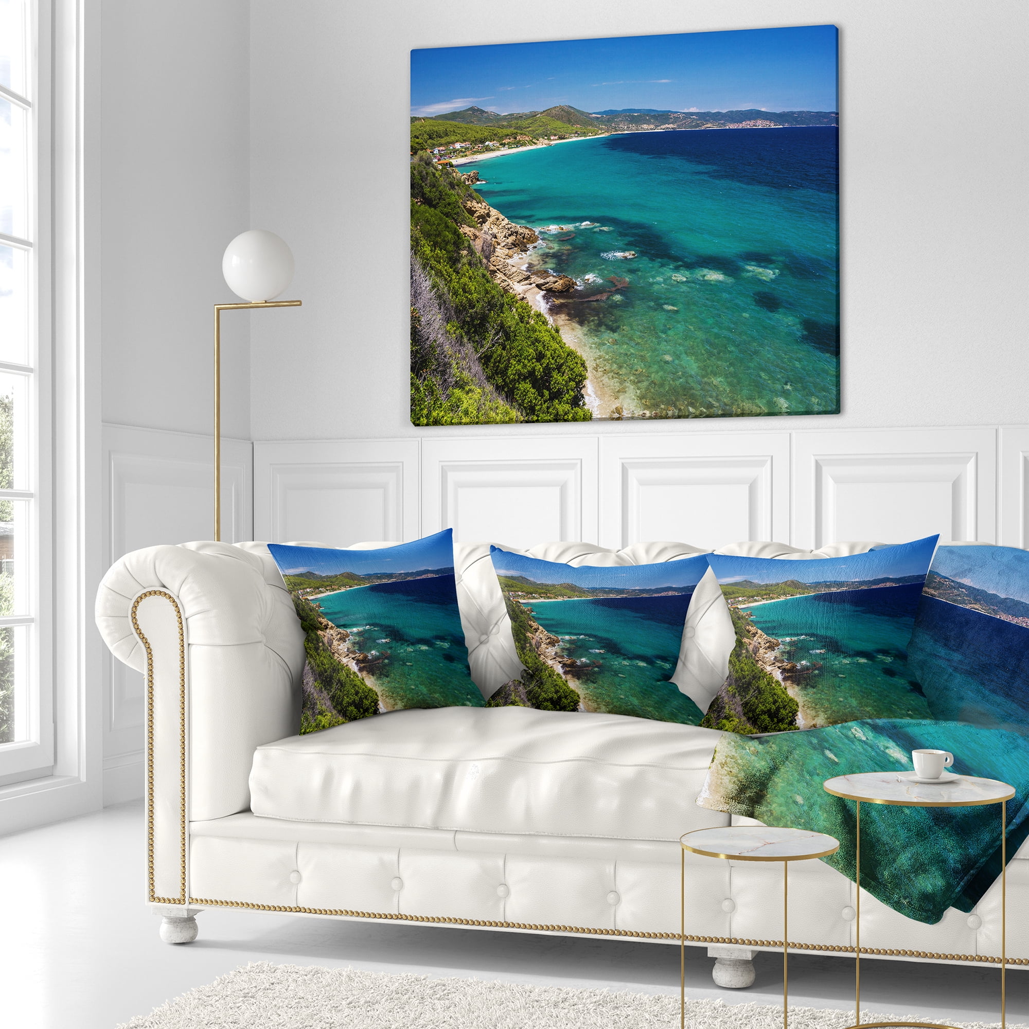 Designart Beautiful Greek Beach of Sea - Seashore Throw Pillow - 18x18