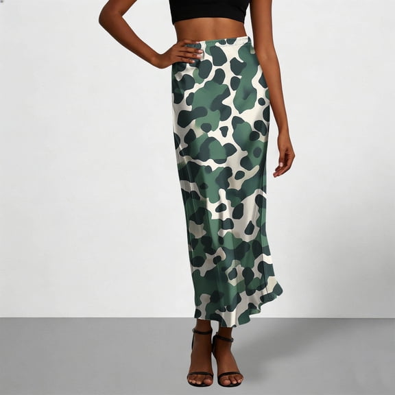 Jsaierl Women's Camouflage Print Satin Maxi Skirt, High Waist Flowy Mermaid Skirt, Casual Streetwear Long Skirt for Daily Wear