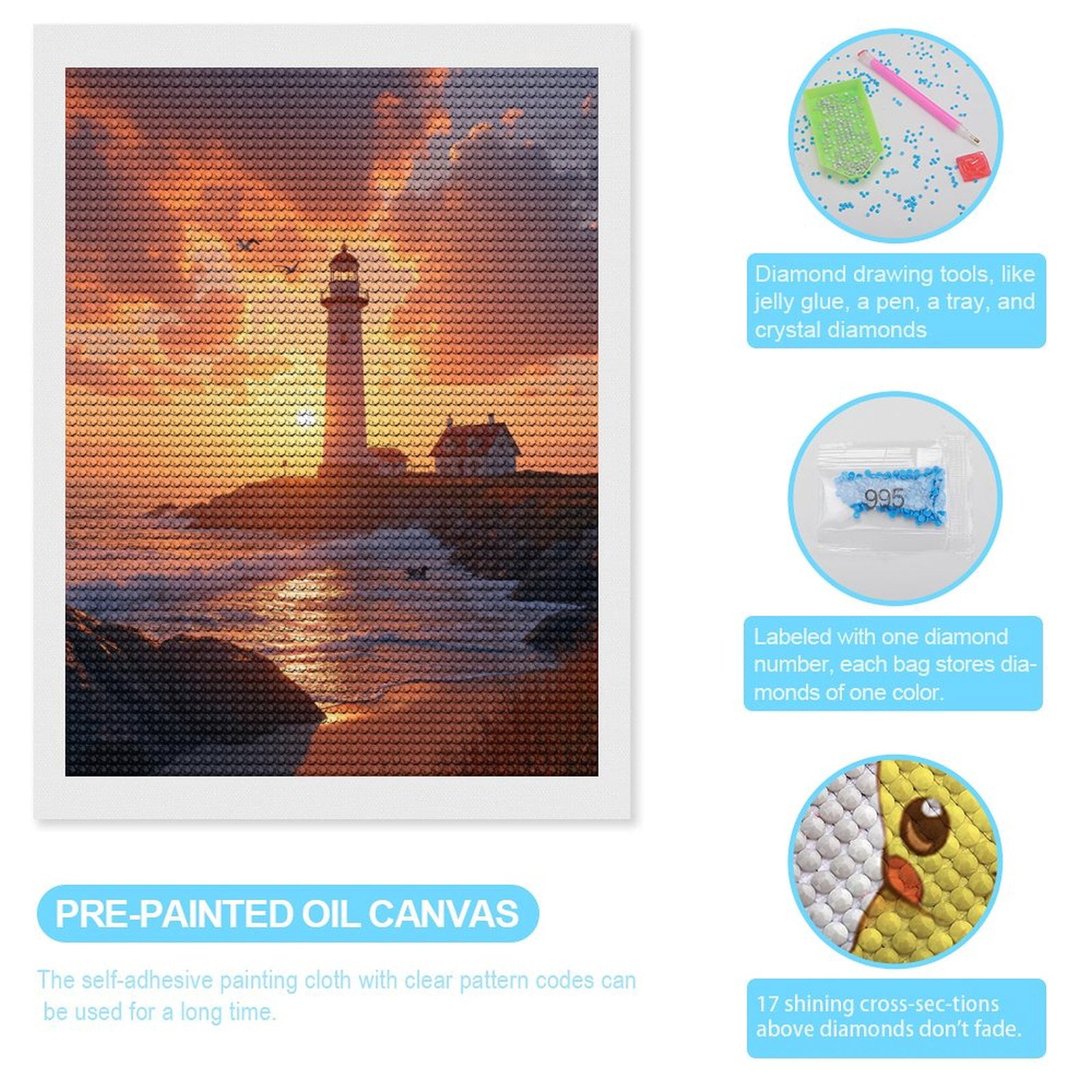 Diamond Art Kits for Adults, Sunset Lighthouse Ocean Waves Birds 5D Diamond Painting Kits for Adults Beginners, DIY Full Drill Diamond Painting, Gem Art and Crafts 12x16