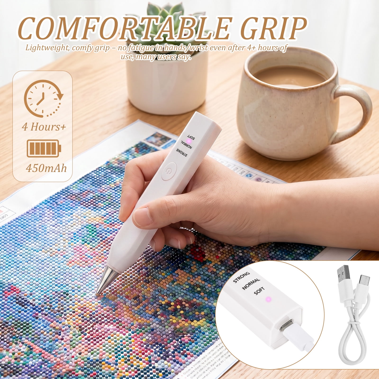 Electric Diamond Painting Pen with 4 Drill Nibs, Rechargeable Vacuum Rhinestone Art Pen Kit – Multipurpose Portable Tool for Adults DIY
