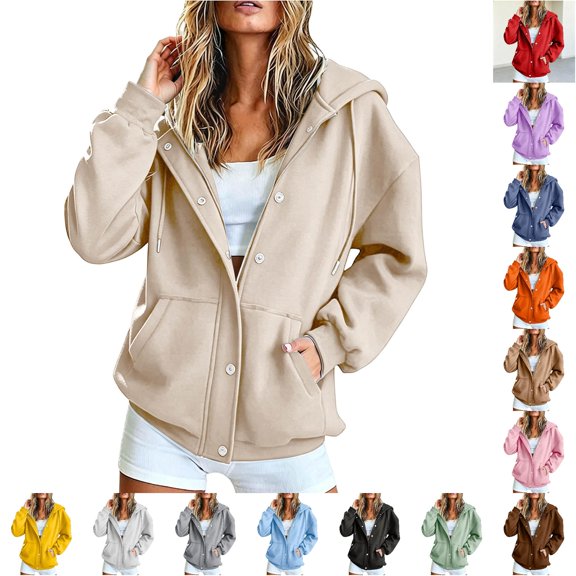Trendfront Womens Snap Button Hooded Jacket Long Sleeve Longline Sweatshirt Front Closure With Side Pockets Relaxed Casual Wear