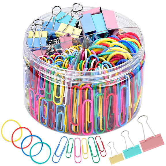 Paper Clips and Binder Clips Set, 300 Pcs Assorted Sizes, Colorful Paperclips with Rubber Bands and Plastic Storage for Home, Office, Document Organizer