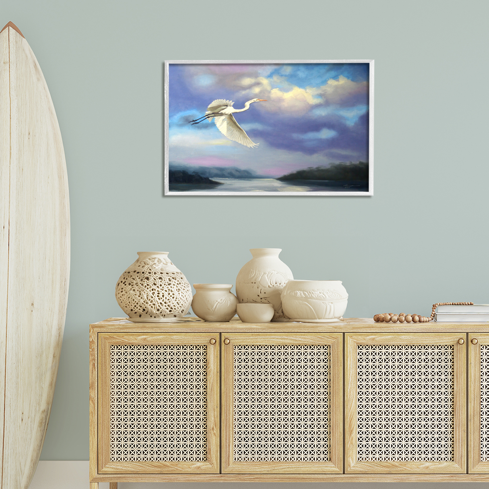 Stupell Industries Egret Over Clouds Landscape Painting White Framed Art Print Wall Art, 30 x 20
