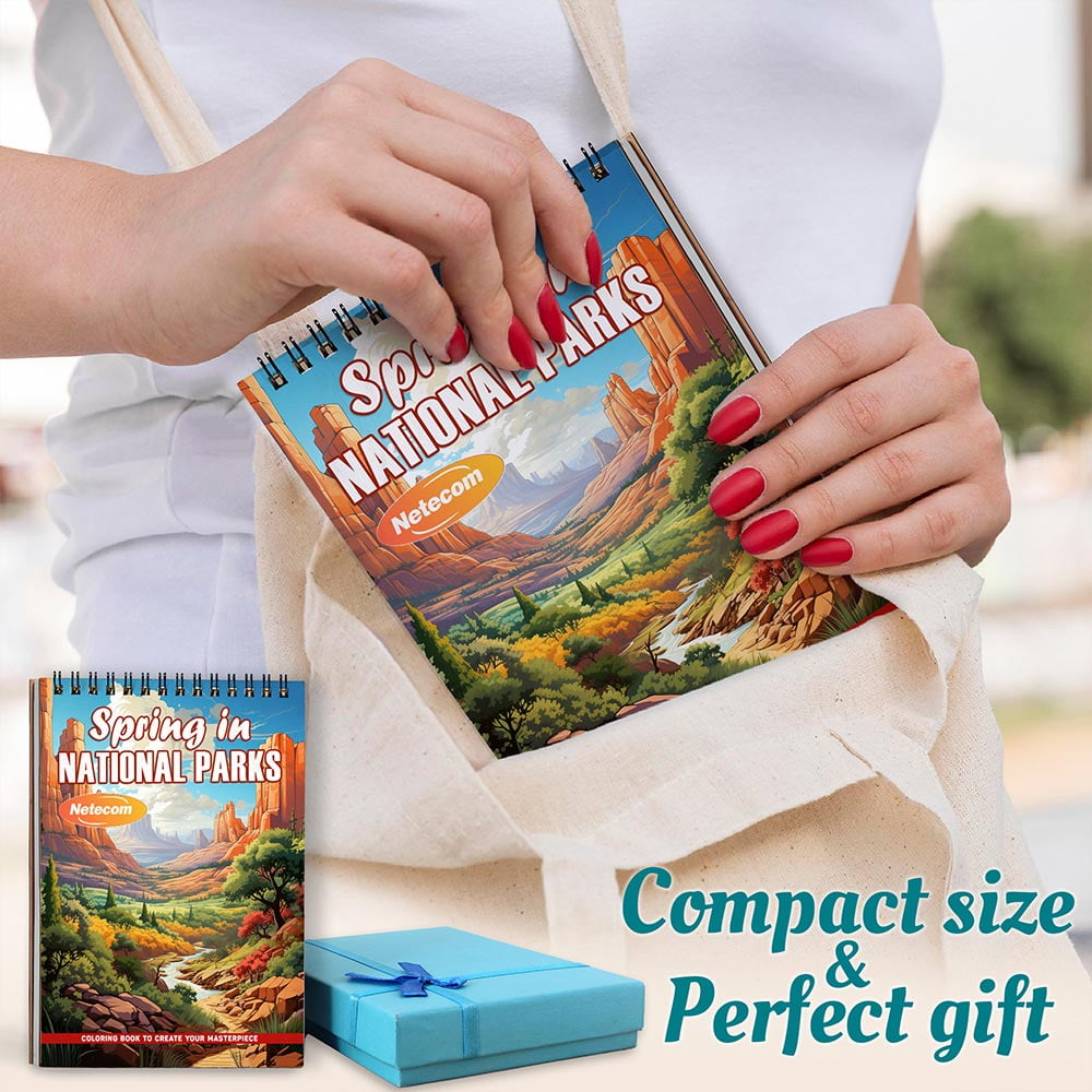 Netecom Spring in National Parks Coloring Book Spiral Bound for Adults, A5 Wooden Cover, 30 Coloring Pages of Scenic Landscapes, Blooming Flowers, Mountains for Stress Relief and Relaxation