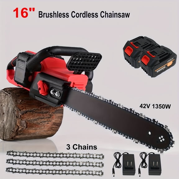 16-Inch 42V 1350W Brushless Cordless Chainsaw, 2000mAh Battery Powered Chainsaw Kit with 2 Batteries & 3 Chains, for Wood Cutting Tree Pruning, Garden Yard Home Use, Ideal Gift for Men Dad Husband