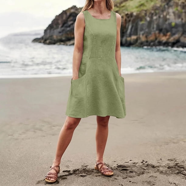 beach dresses knee length Lenpel for Women Fashion Square Neck Sleeveless Sundresses with Pockets Casual Loose Solid Color Dresses Maxi dress