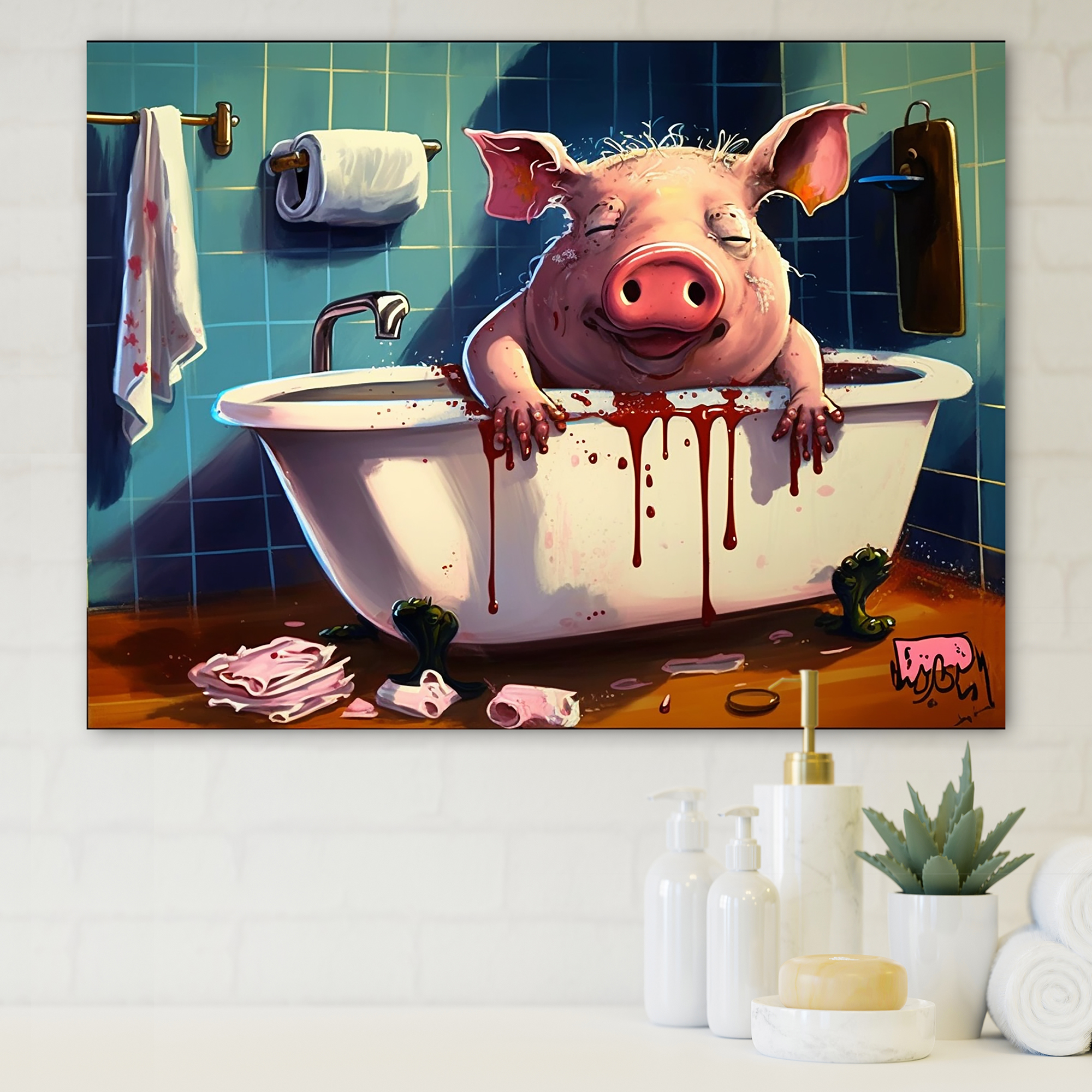 Designart Happy Pig Taking A Bath Canvas Wall Art