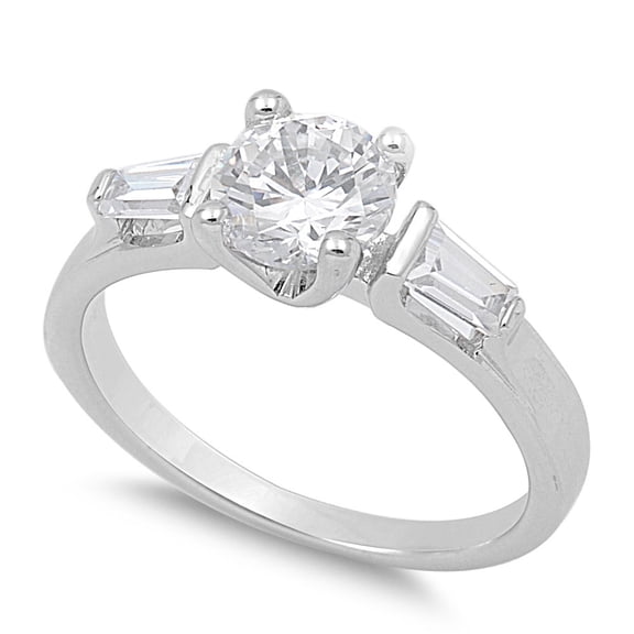Three Stone Round Prong Baguette Cubic Zirconia Ring Sterling Silver 925