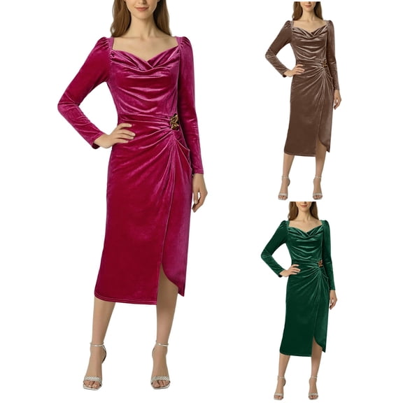 QATAINLAV Velvet Dress for Women Cowl Neck Wrap Long Sleeve Midi Cocktail Party Dresses Casual Ruched Wedding Guest Dress, Green, XXL