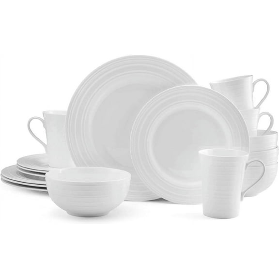 Ciara 16 Piece Bone China Dinnerware Set, Service for 4, Lightweight and Durable Plates Bowls and Mugs, Elegant White Dinnerware for Everyday Use