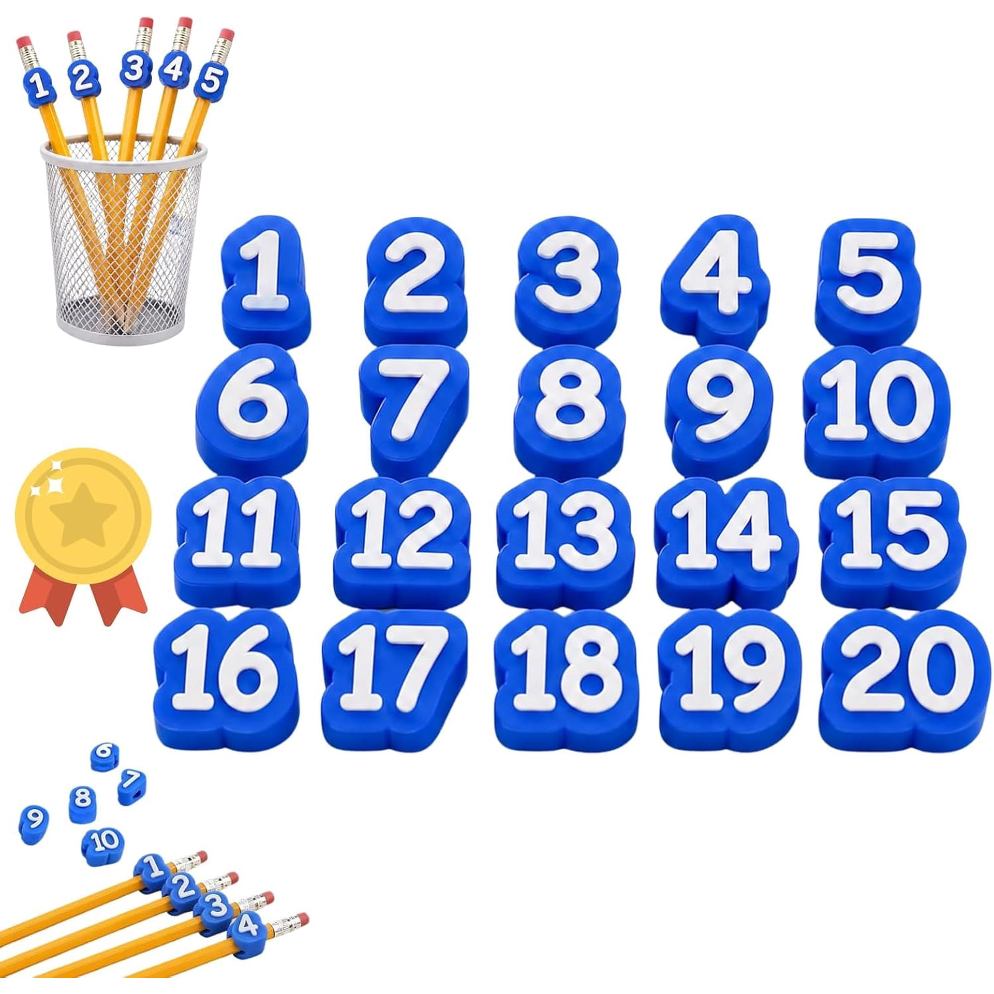 Numbered Pencil Toppers 30/50 PCS Reusable Classroom Pencil (20-Blue) | Numbered PLA markers help teachers sort pencils assign supplies and organize desks bins stations and group activities