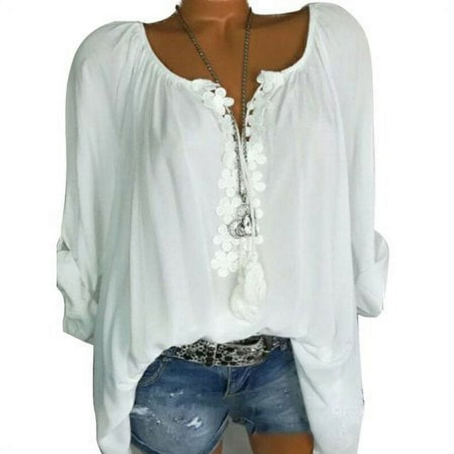 T-shirt à Manches Longues pour Femmes, Hauts Grande Taille, Col en V, Uni, Ample, Blouse Décontractée
