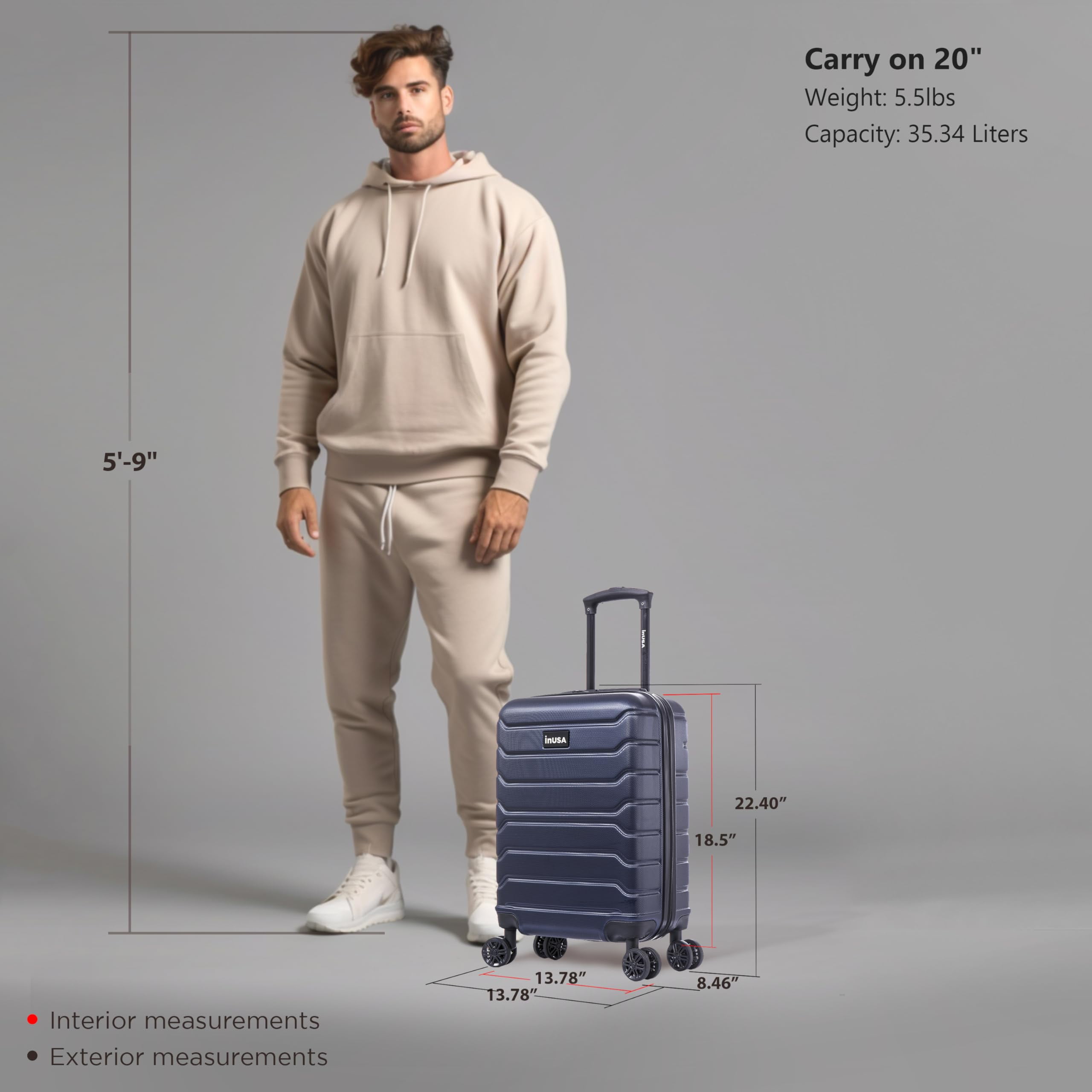 InUSA Trend 20" Hardside Lightweight Luggage with Spinner Wheels, Handle, and Trolley, Blue