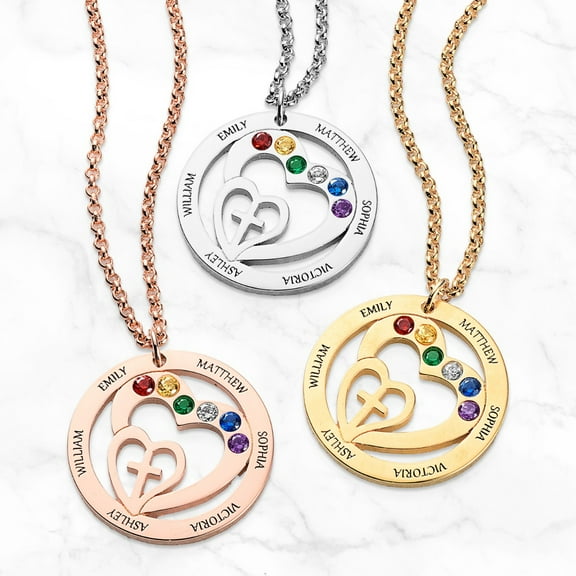 Personalized Planet Personalized Planet Engraved Name and Birthstone with Cross Heart Necklace ,Women's