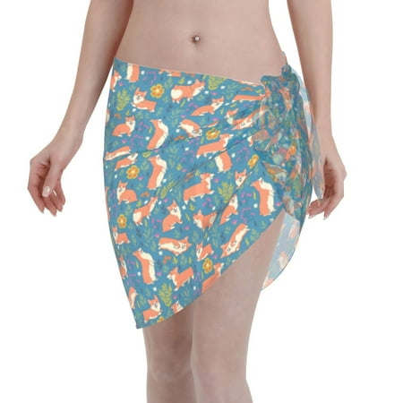Qekee Corgi with Flowers Women s Short Sarongs Cover Ups Sheer Bikini Wraps for Swimwear