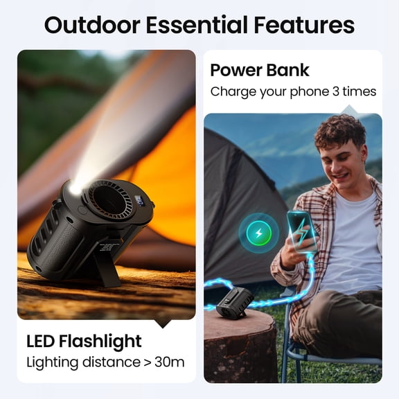 AI Portable Waist Fan, 40Hrs MAX 17000RPM Powerful 5 Speeds Power Bank LED Light, Cooling Rechargeable Belt Fan with Filter, Wearable Shirt Fans Clip On for Outdoor