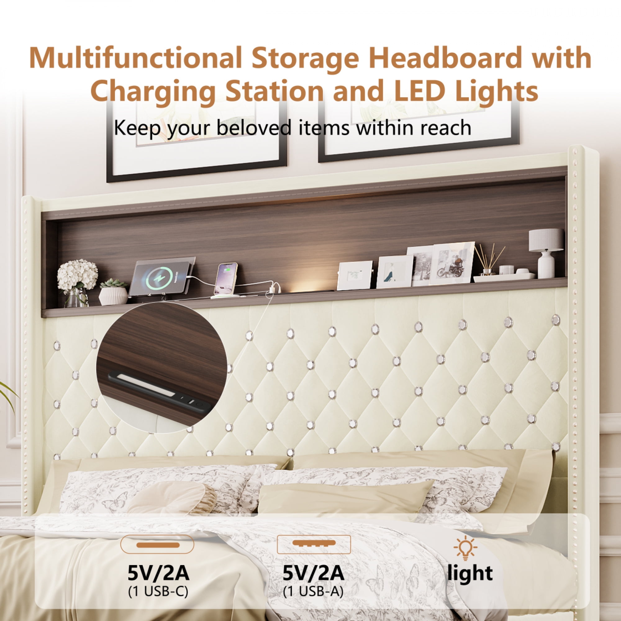 Full Size Velvet Tufted Wing-back Bed Frame - 52'' High Rivet Headboard with Shelf, USB Port & Night Light, Soft Platform Bed,Beige