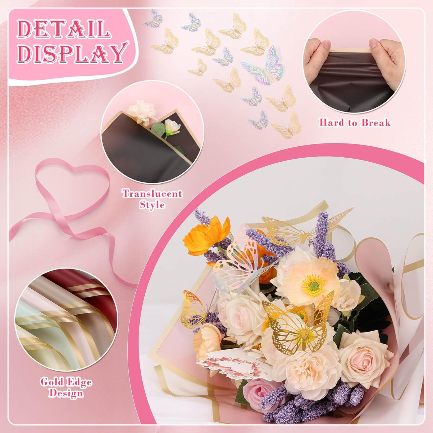 ANHXN  Flower Bouquet Wrapping Paper Kit Includes Floral Paper, Butterflies, Bouquet Pins, Ribbons and Greeting Cards for Mother's Day Wedding Baby Shower Graduation