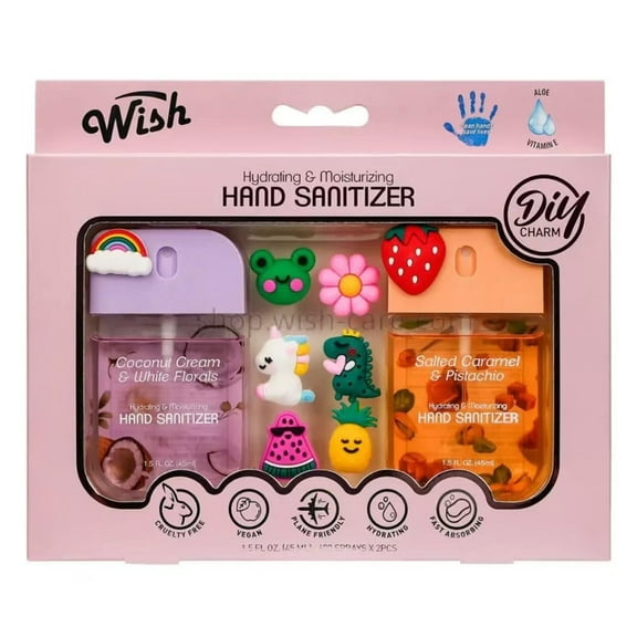 Wish Diy Charm Hand Sanitizer Spary Travel Size Spray 2-Pack Gift Box 1.5 FL OZ (45ML) Each, Dragonfruit, Coconut Cream, Golden Citrus,Cucumber,Sweet Guava Hydrating and Moisturizing