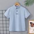 thumbnail image 5 of FINALGANG Boys Kids Casual Solid Color Short Sleeve Polo Shirt Stand Collar With Placket Button Regular Fit Top For Spring Summer Daily Wear Sky Blue 9-10 Years, 5 of 6