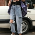 thumbnail image 4 of Tuphregyow Women's Straight Leg Cargo Pants Clearance Classic High Waist Button Denim Pants New Style Solid Trendy Wide Leg Baggy Casual Jeans Pants with Pockets Holes Work Leisure Blue XXXXL, 4 of 6