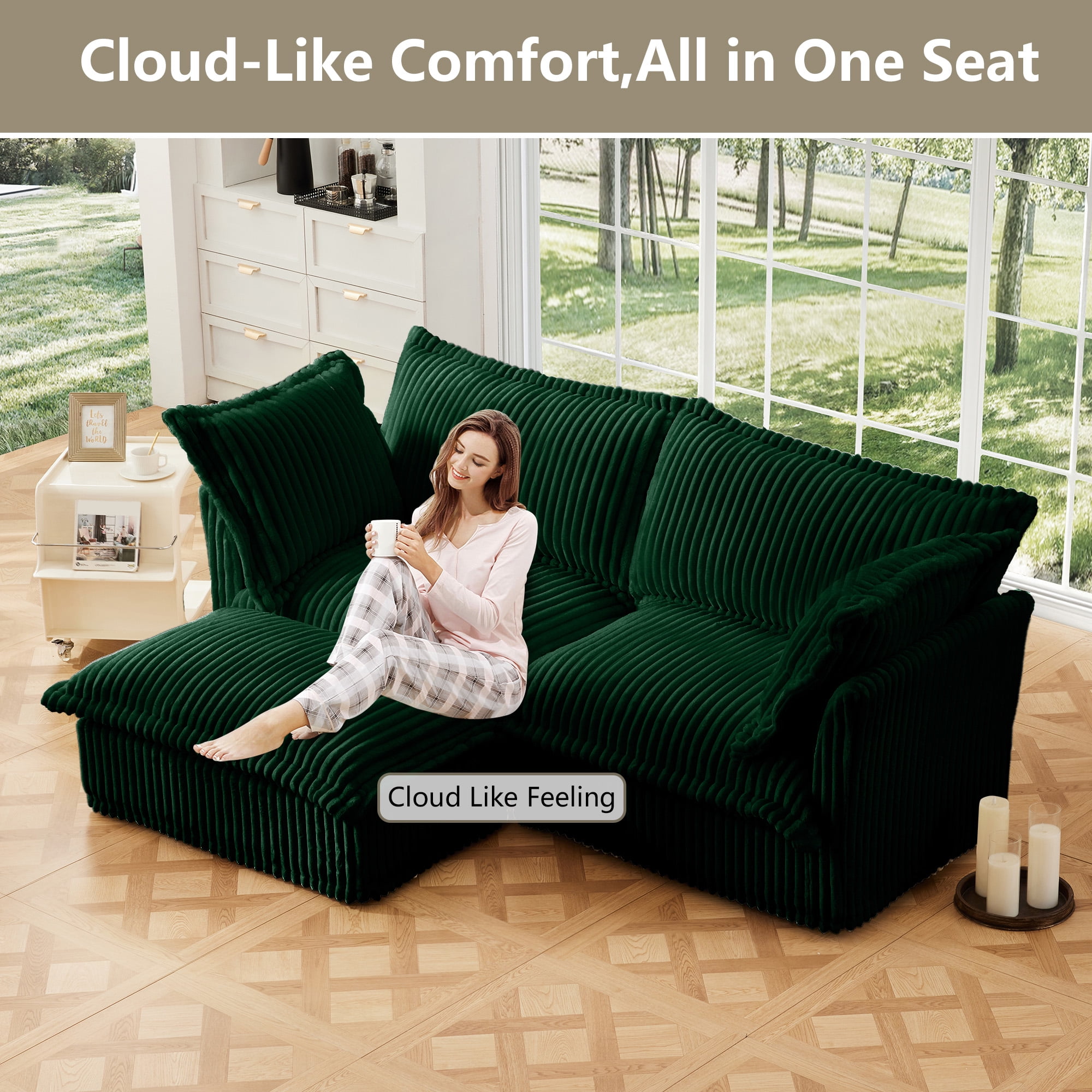 83.4"Corduroy Loveseat Sofa with Ottoman, Oversized 2-Seater Chaise Lounge for Living Room