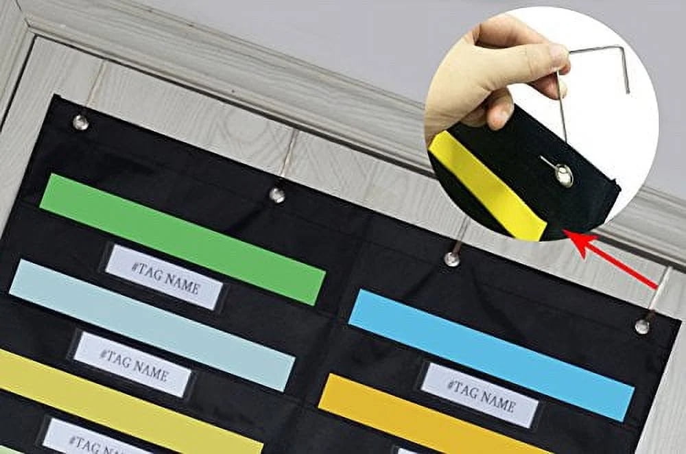 Bevtee Hanging File Holder Organizer, Wall Storage 20+6 Pocket Chart File Organizer, 20 Tags, 4 Hooks, for School, Classroom, Home or Office, Black