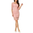 thumbnail image 1 of Vestido de encaje de manga 3/4 para mujeres, cuello cuadrado, midi, recto, color rosa, 1 of 6