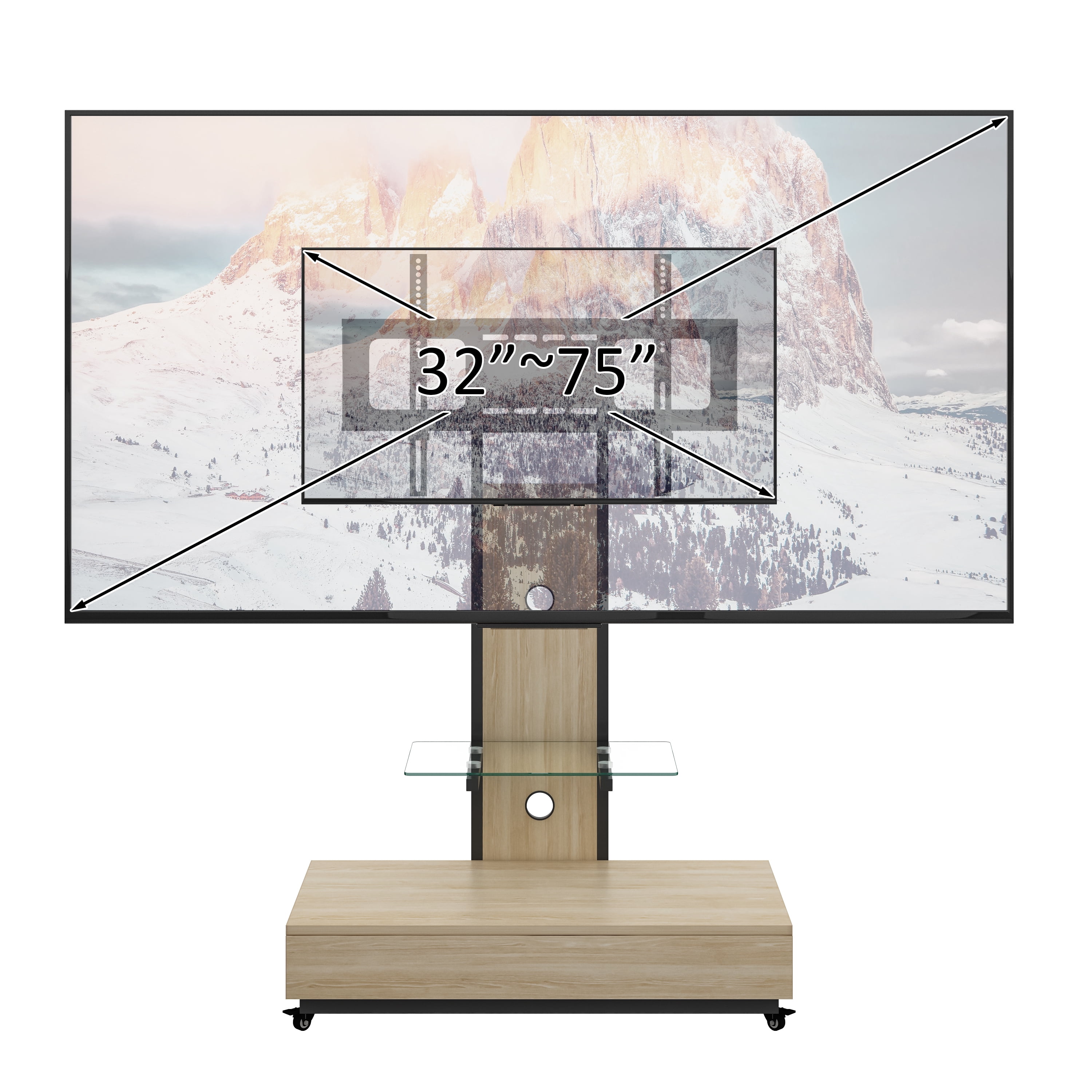 Homy Casa Mobile TV Stand for 32-75 Inch TVs with Wheels, Swivel Adjustable Height Glass Shelf and Storage Drawer