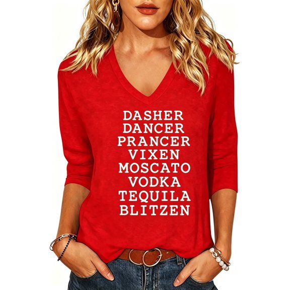 PUCKOLITY Women Christmas Shirt Funny Xmas Reindeer Graphic Tee(L,1 Red)